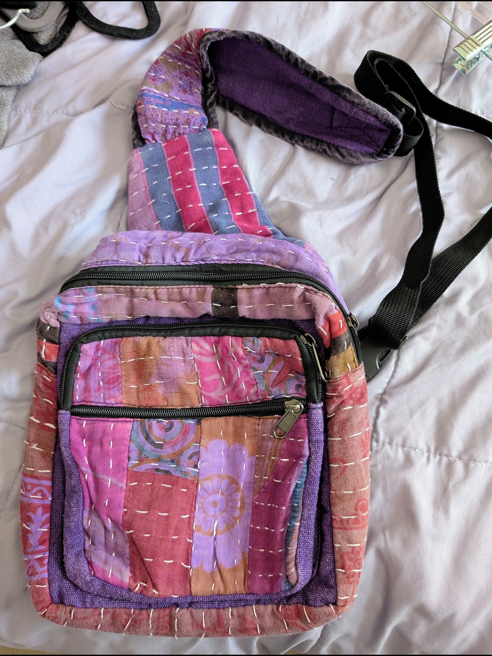 Handcrafted Kantha Purple Multi Patchwork Crossbody Bag Like New